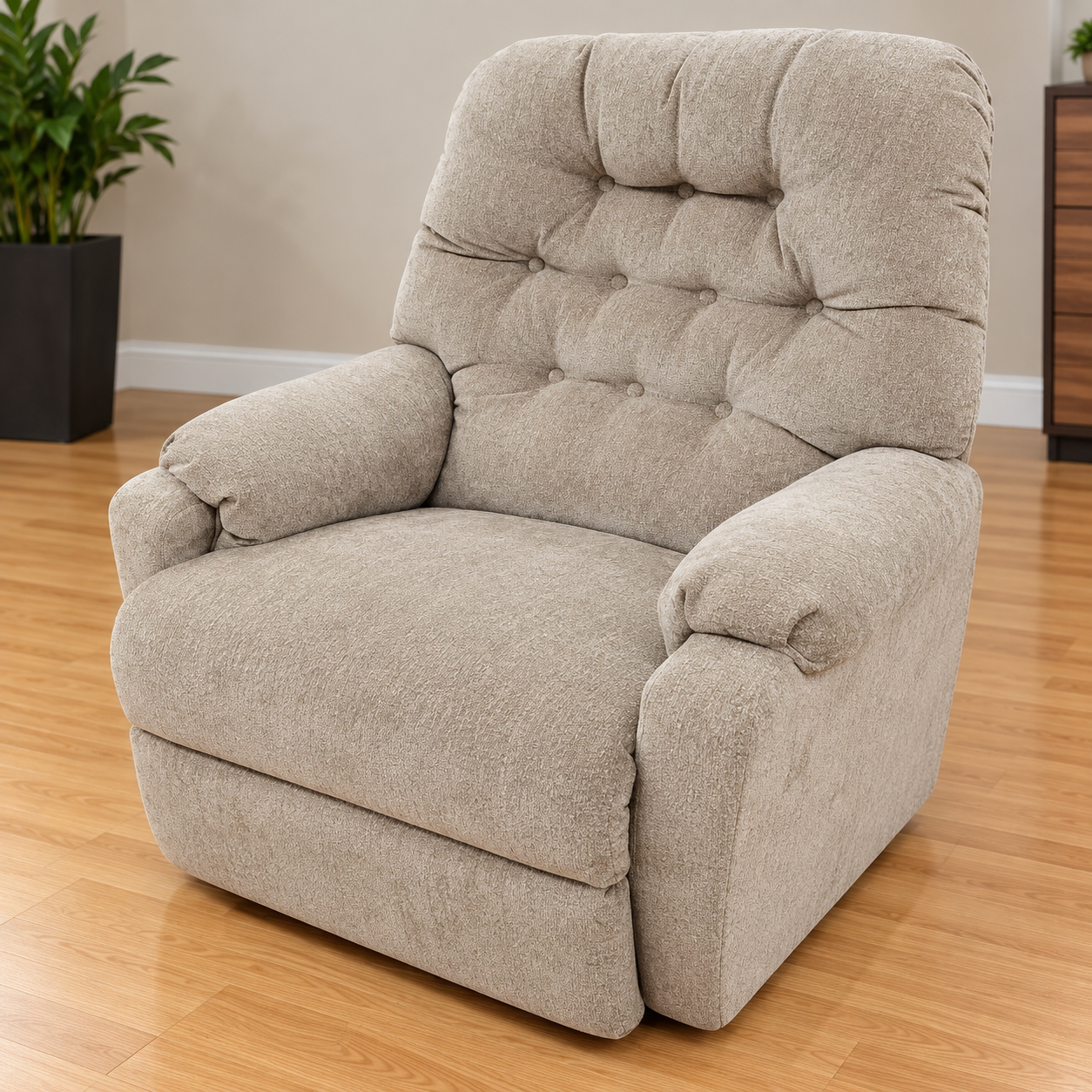 Best Home Furnishings beige recliner with a button-tufted back and rounded padded arms