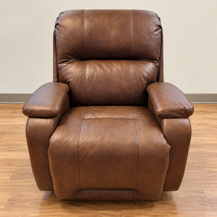 Best Home Furnishings brown recliner with contrast stitching, divided back and padded arm tops