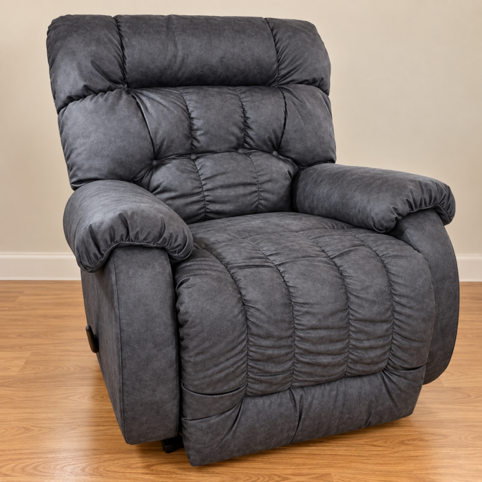 Best Home Furnishings charcoal recliner with an overstuffed tufted back and pillow arms