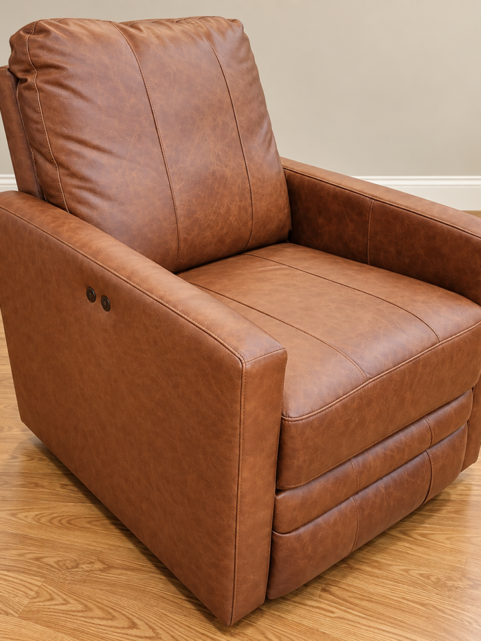 Best Home Furnishings cognac power recliner with straight track arms and two side buttons