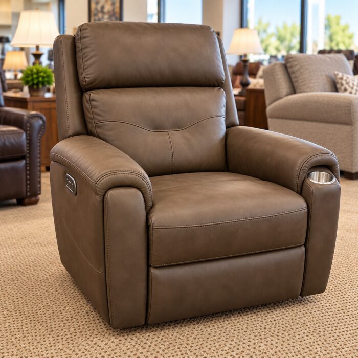Flexsteel brown power recliner with a cupholder, padded arms, and side controls