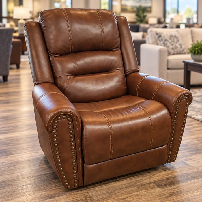 Flexsteel cognac recliner with rolled arms, nailhead trim, and contrasting stitching