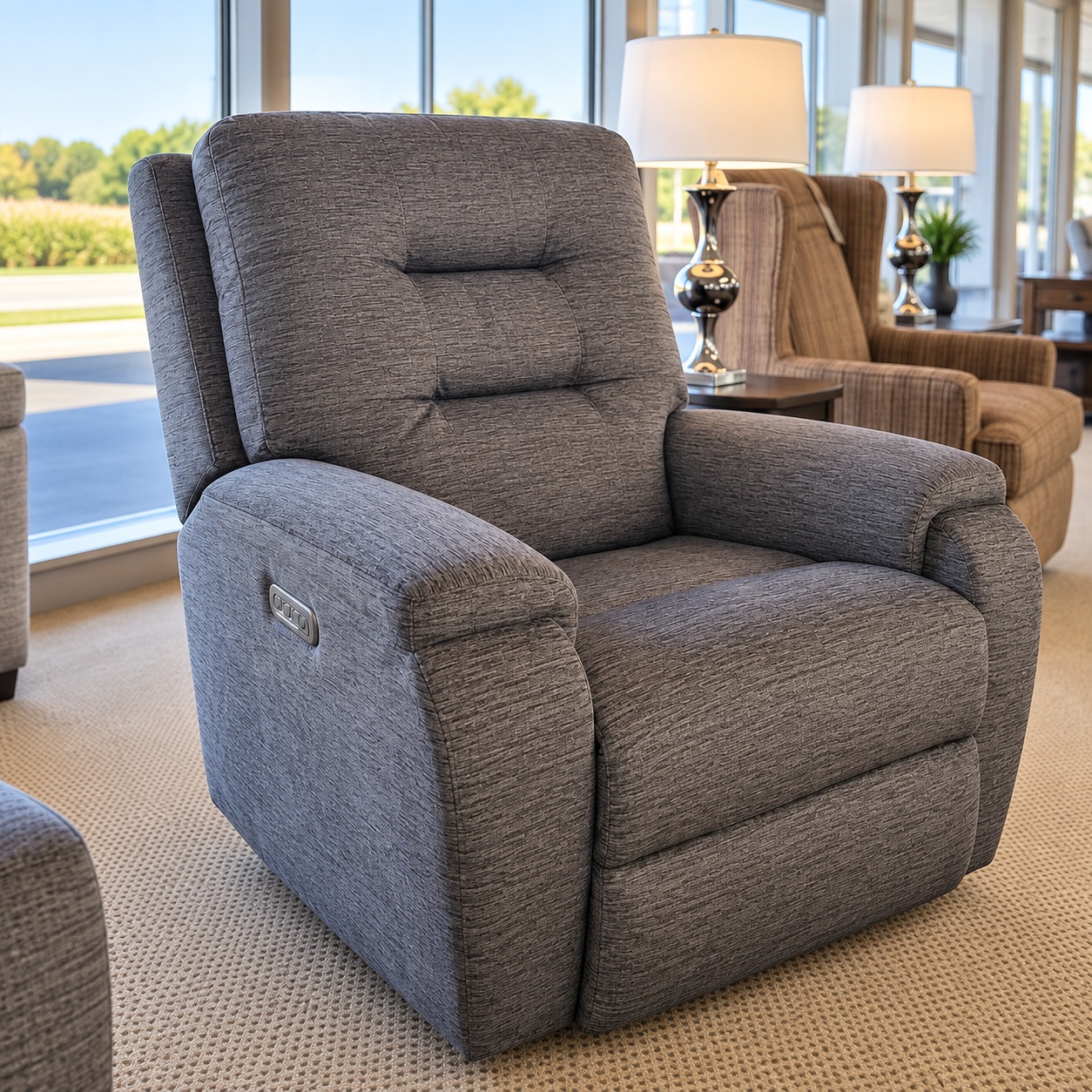 Flexsteel gray fabric power recliner with a segmented back, padded arms, and side controls