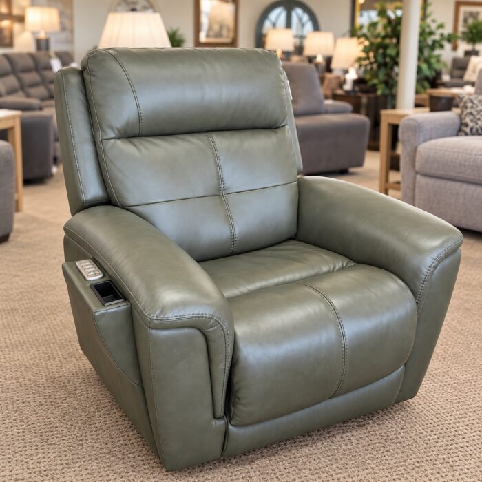Flexsteel sage green power recliner with broad padded arms and side controls