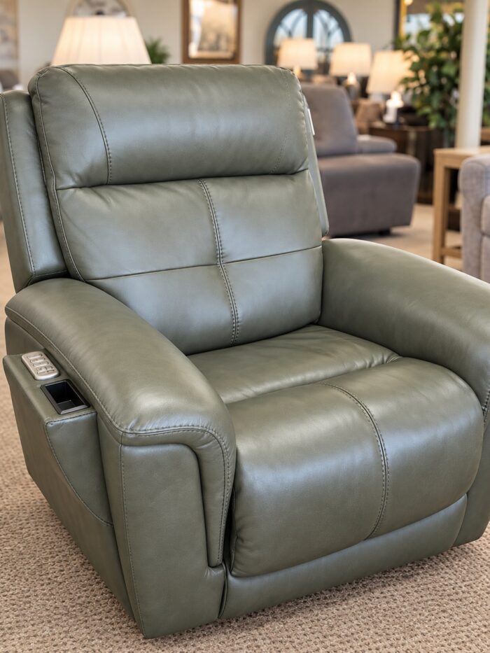 Flexsteel sage green power recliner with broad padded arms and side controls