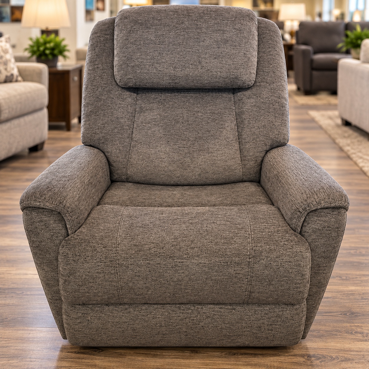 Flexsteel taupe fabric recliner with a tall back and padded arms at Meyers Furniture and Flooring