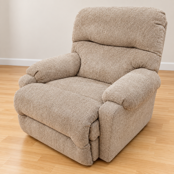 Best Home Furnishings beige recliner with a split cushioned back and padded rounded arms