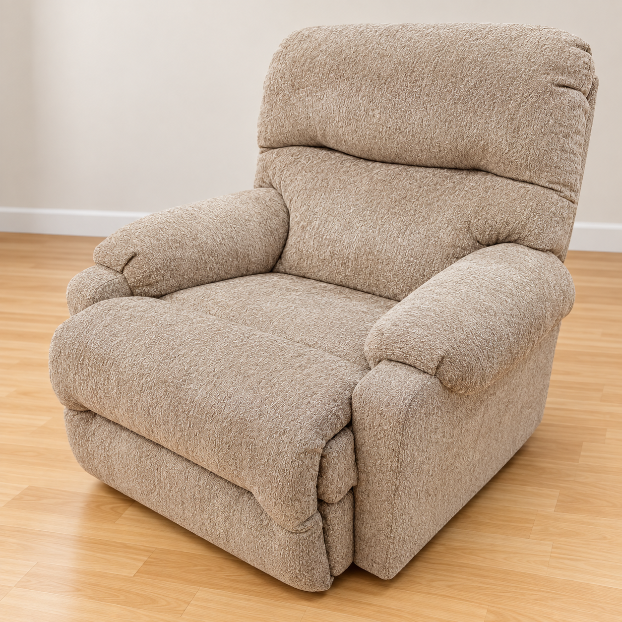 Best Home Furnishings beige recliner with a split cushioned back and padded rounded arms